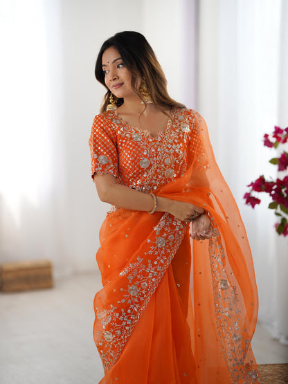 Designer Heavy Organza Silk Embroidered Saree with Blouse
