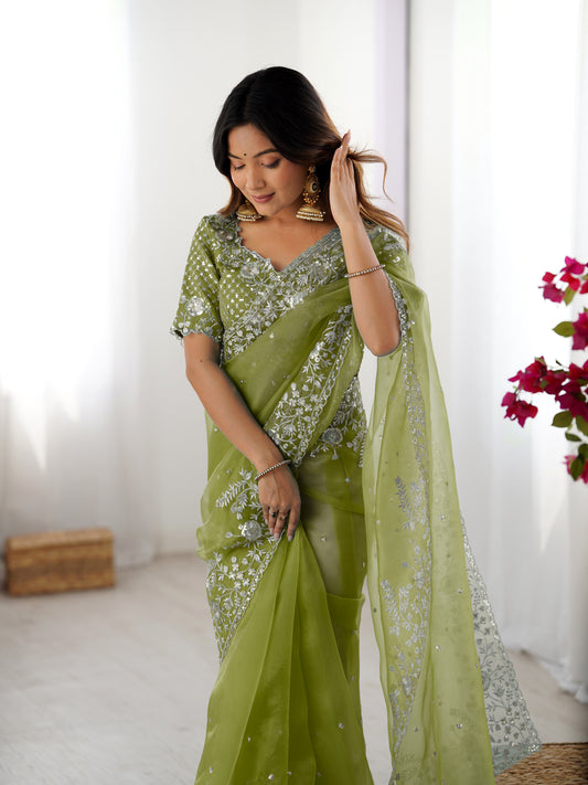 Designer Heavy Organza Silk Embroidered Saree with Blouse