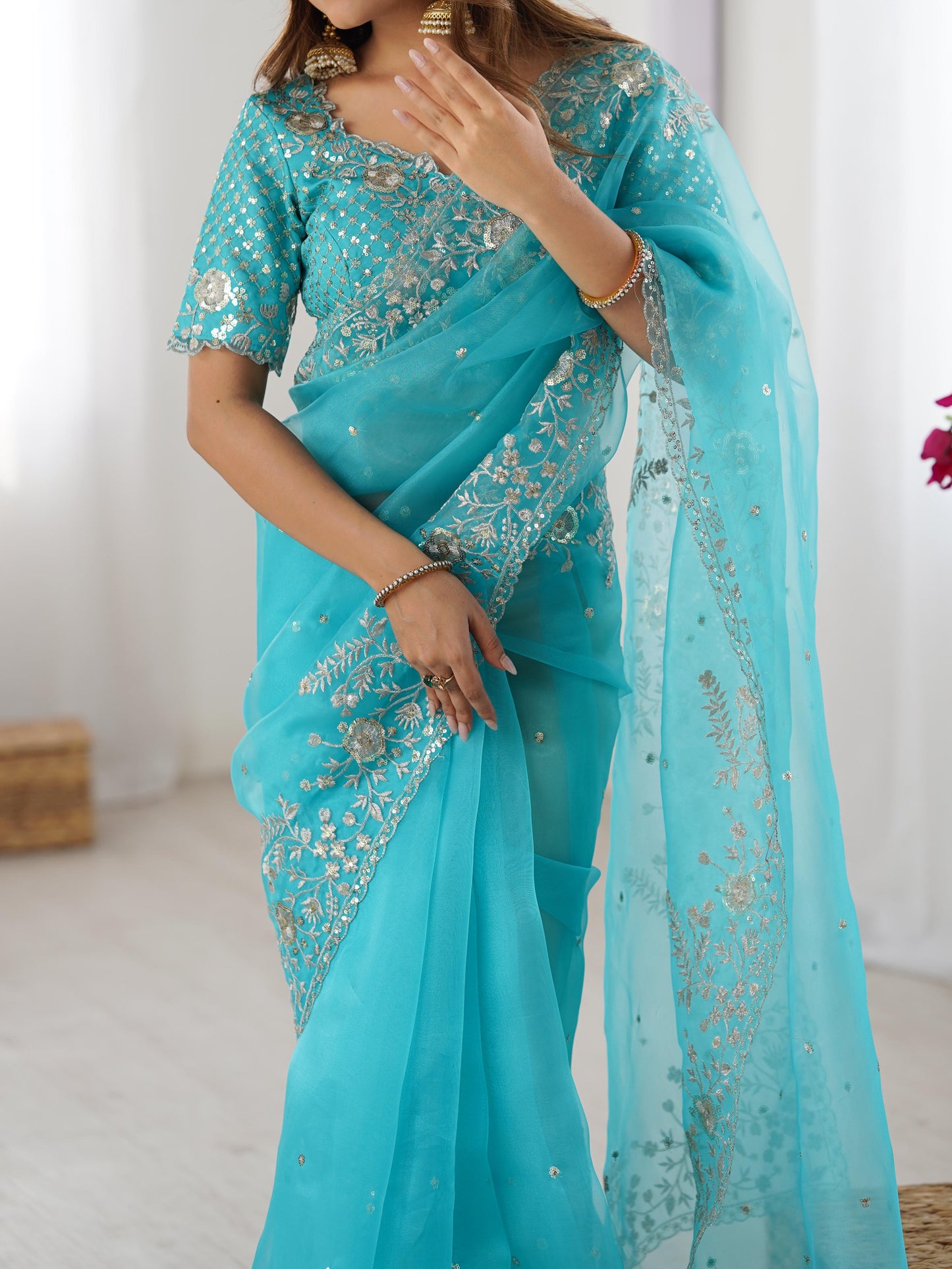 Designer Heavy Organza Silk Embroidered Saree with Blouse