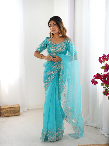 Designer Heavy Organza Silk Embroidered Saree with Blouse