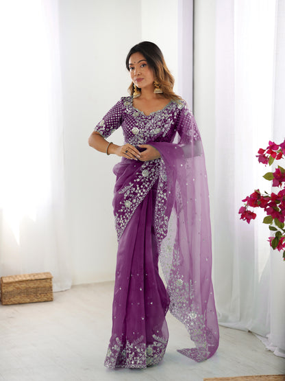 Designer Heavy Organza Silk Embroidered Saree with Blouse