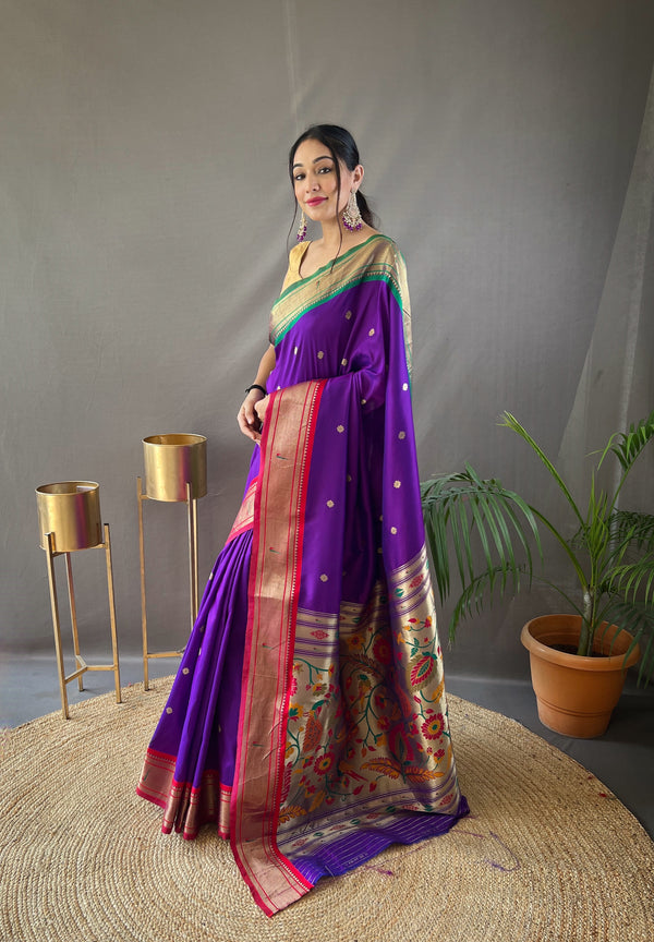 Elevate Your Festive Look with Our Exquisite Purple Zari Paithani Silk Saree