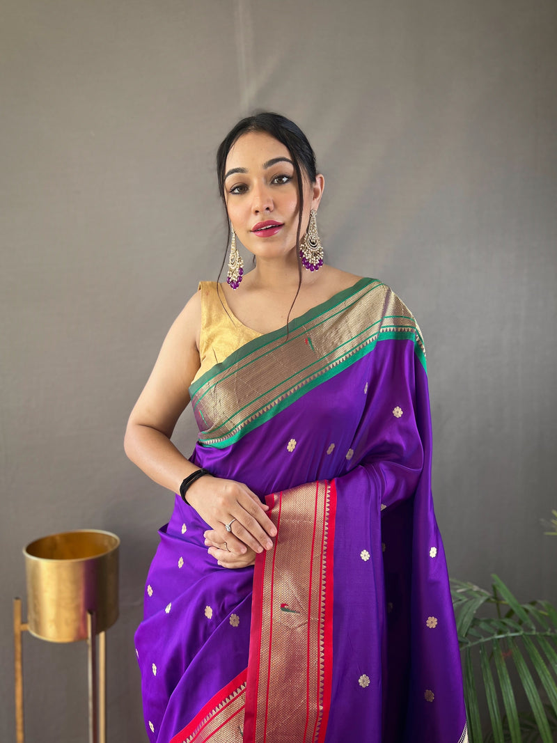 Elevate Your Festive Look with Our Exquisite Purple Zari Paithani Silk Saree