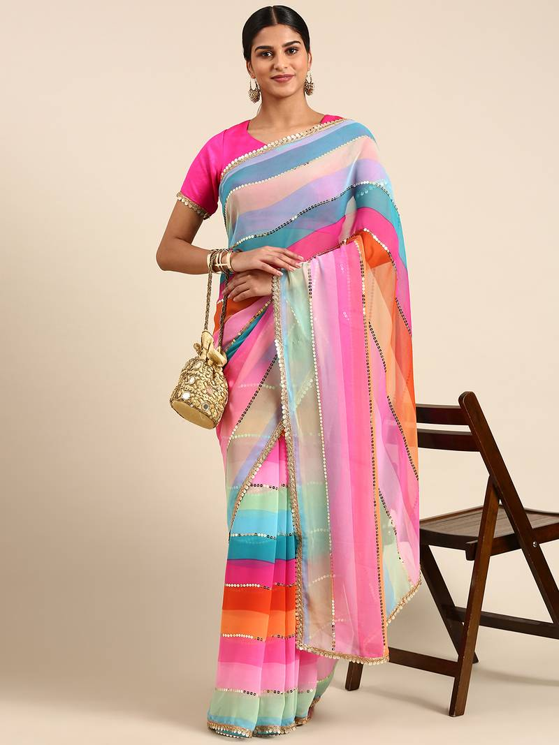 PINK EMBROIDERED POLY SILK SAREE WITH BLOUSE