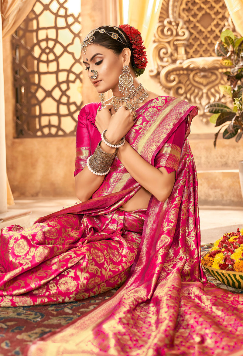 DARK PINK ZARI WORK BANARASI SAREE