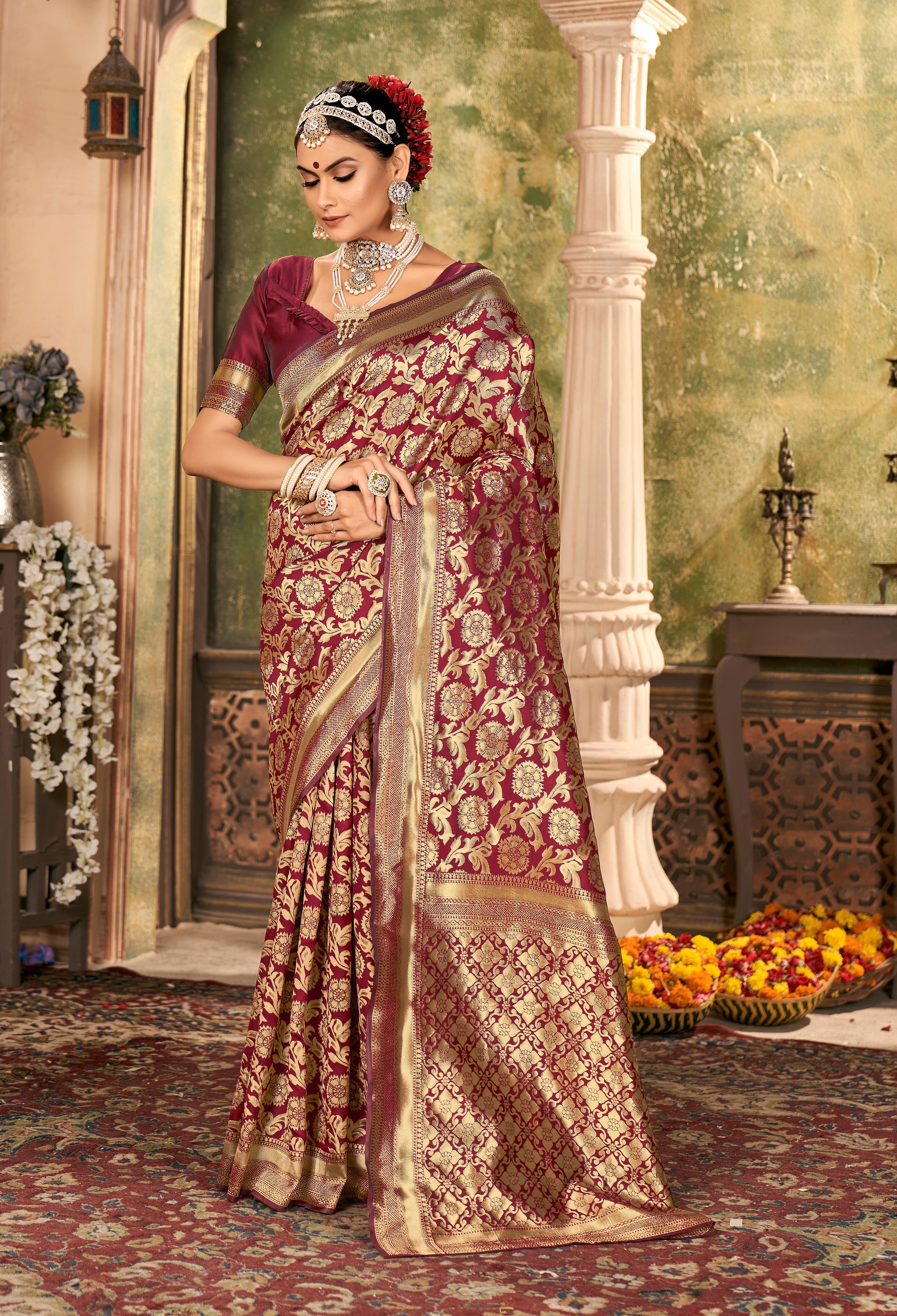 MAROON ZARI WORK BANARASI SAREE