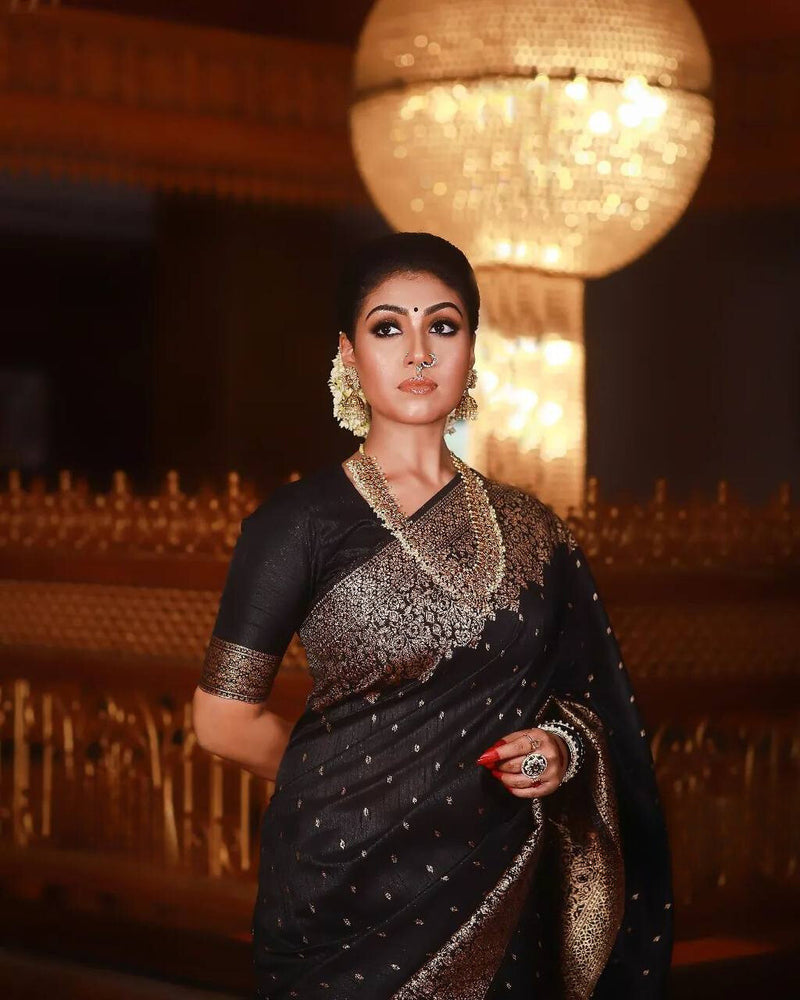 BLACK PURE SOFT SEMI SILK SAREE WITH ATTRACTIVE BLOUSE PIECE WEAVED WITH COPPER ZARI