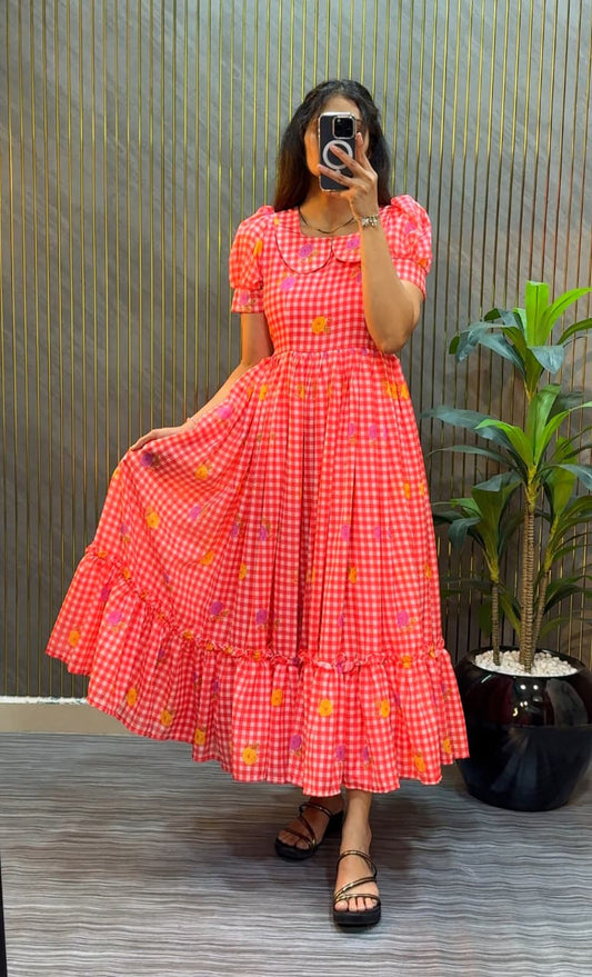 Women’s Floral Printed Cotton Midi Dress with Peter Pan Collar & Flared Hem – Casual & Party Wear