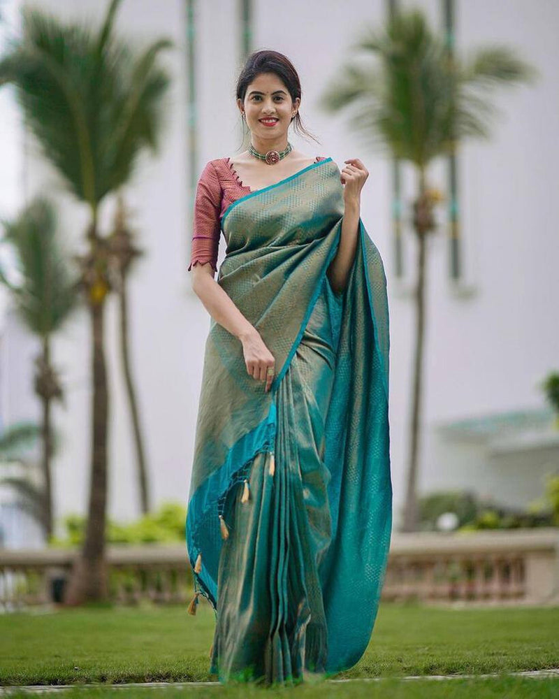 Teal Blue Banarasi Soft Silk Jacquard Work Saree