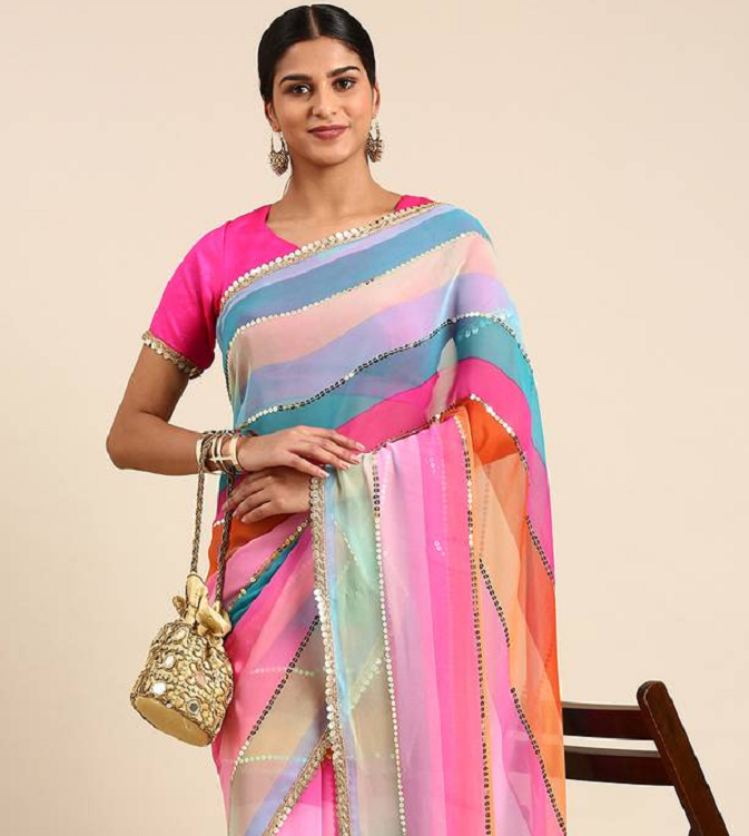 PINK EMBROIDERED POLY SILK SAREE WITH BLOUSE