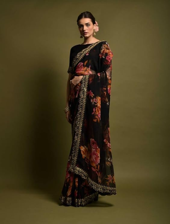 Floral Printed Chiffon Cherry Black Saree