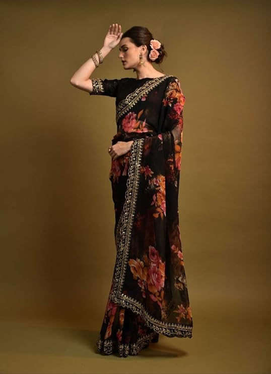 Floral Printed Chiffon Cherry Black Saree