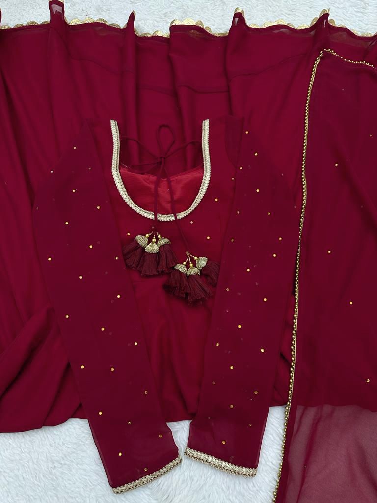 Faux Georgette Maroon Designer Top with Dupatta