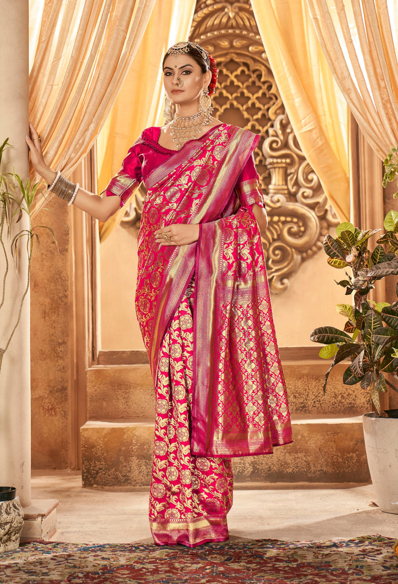 DARK PINK ZARI WORK BANARASI SAREE