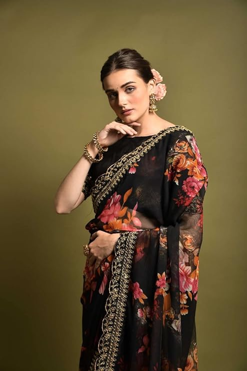 Floral Printed Chiffon Cherry Black Saree