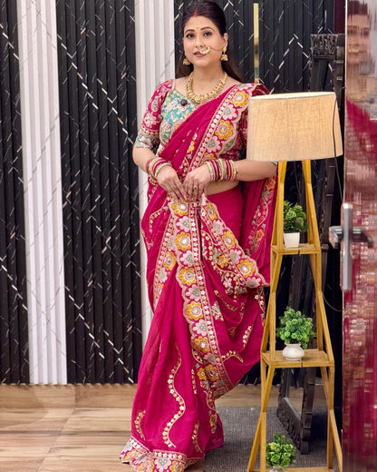 Soft Rangoli Silk Saree with Sequence, Dori & Real Mirror Work – Designer Party Wear Saree with Banglori Silk Stitched Blouse