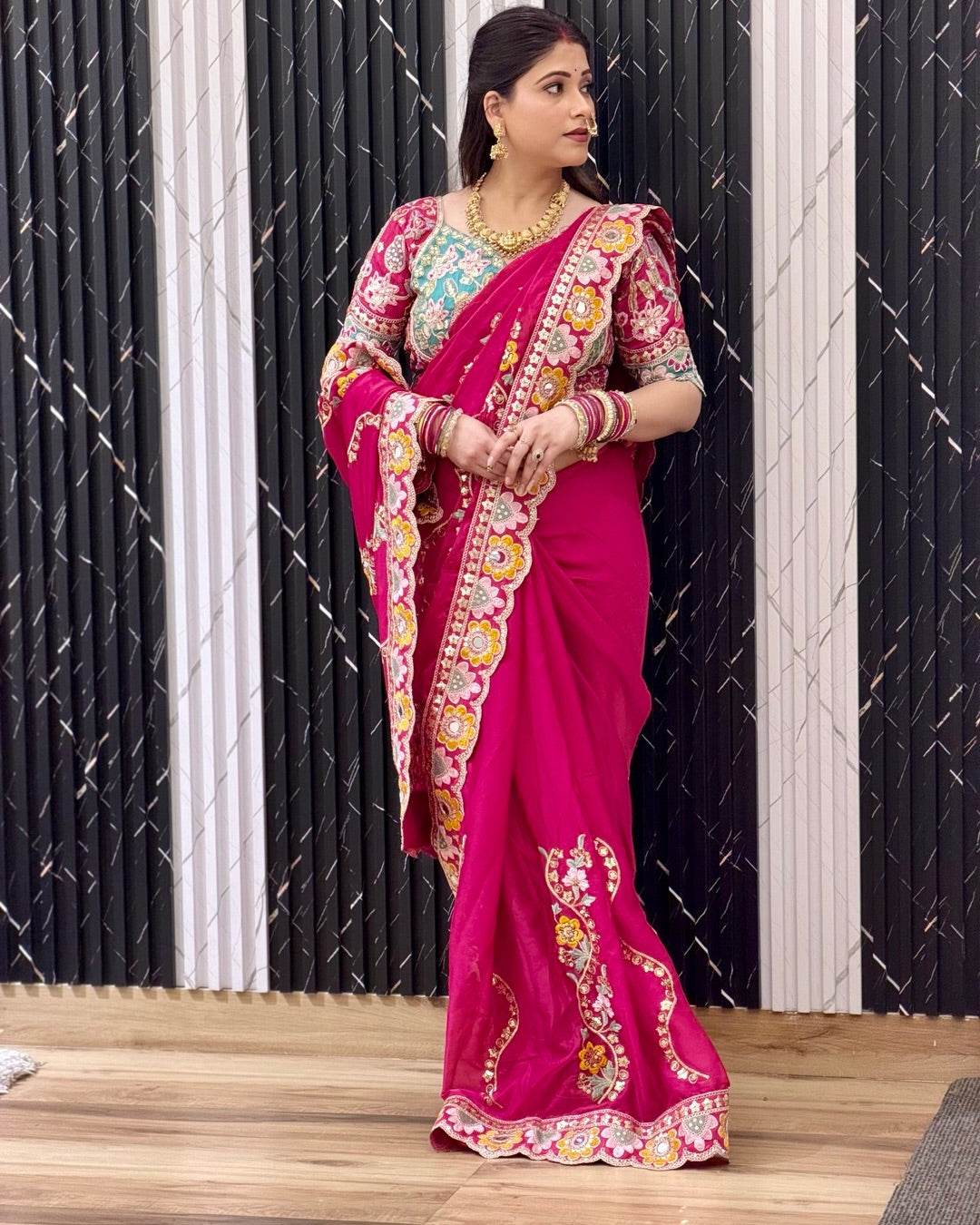 Soft Rangoli Silk Saree with Sequence, Dori & Real Mirror Work – Designer Party Wear Saree with Banglori Silk Stitched Blouse