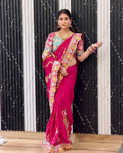 Soft Rangoli Silk Saree with Sequence, Dori & Real Mirror Work – Designer Party Wear Saree with Banglori Silk Stitched Blouse