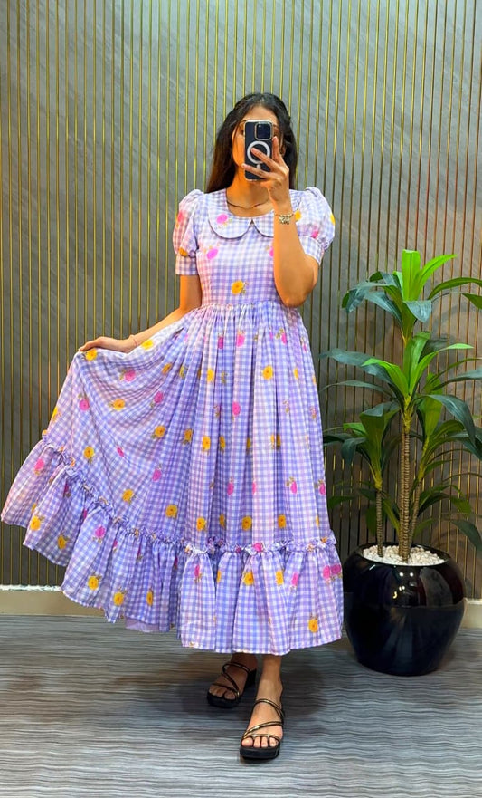 Women’s Floral Printed Cotton Midi Dress with Peter Pan Collar & Flared Hem – Casual & Party Wear