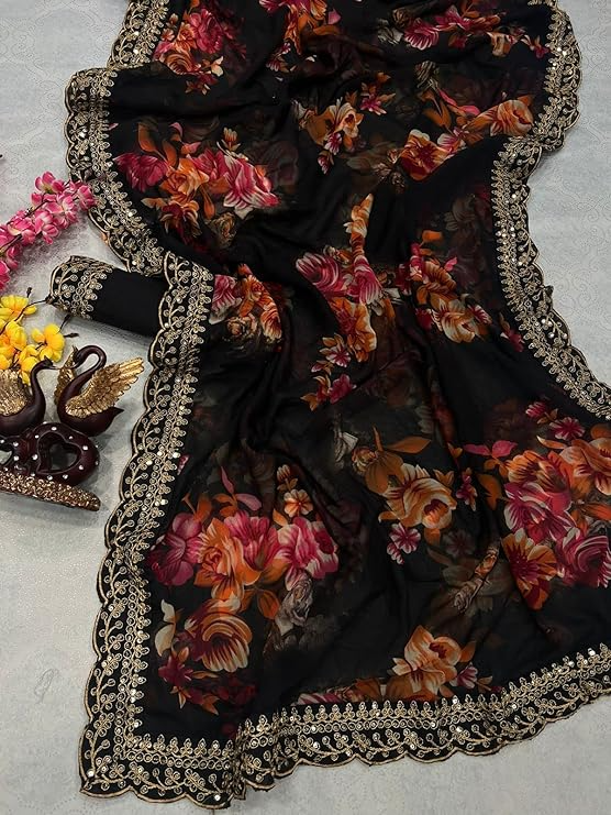 Floral Printed Chiffon Cherry Black Saree