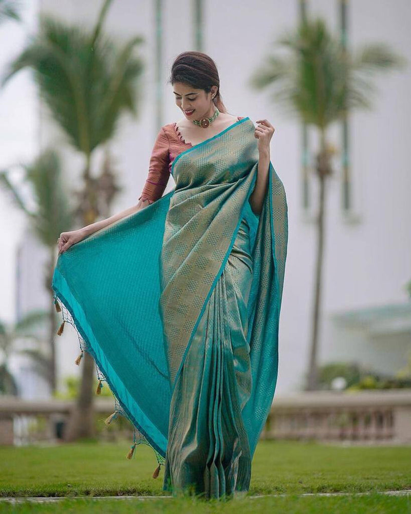 Teal Blue Banarasi Soft Silk Jacquard Work Saree