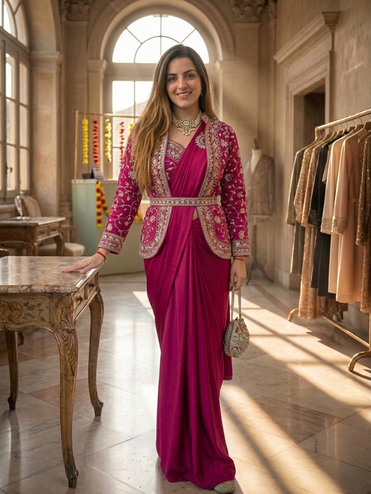 Trendy Indo-Western Ready-to-Wear Saree with Embroidered Koti & Stitched Blouse