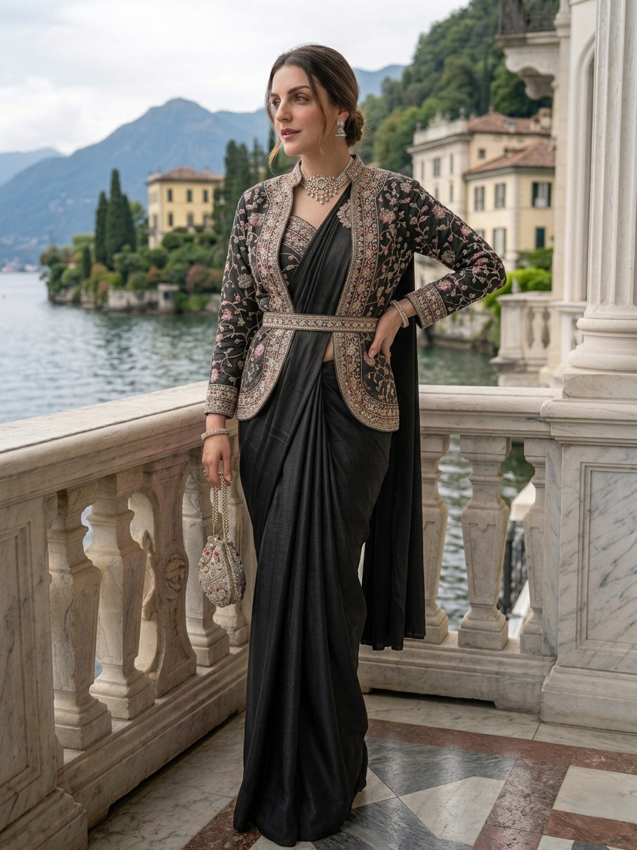 Trendy Indo-Western Ready-to-Wear Saree with Embroidered Koti & Stitched Blouse