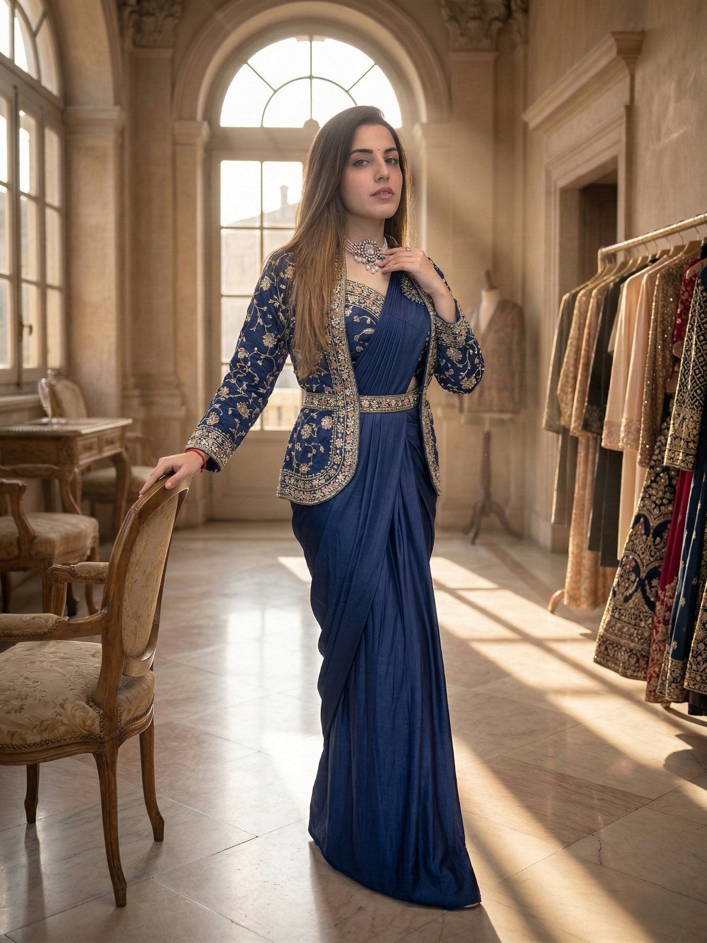 Trendy Indo-Western Ready-to-Wear Saree with Embroidered Koti & Stitched Blouse