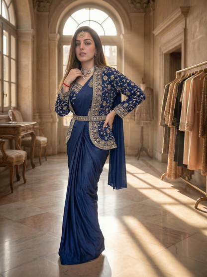 Trendy Indo-Western Ready-to-Wear Saree with Embroidered Koti & Stitched Blouse