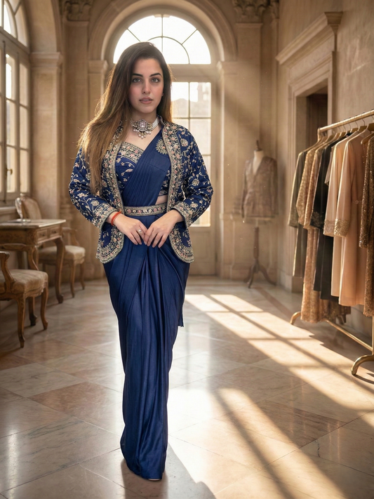 Trendy Indo-Western Ready-to-Wear Saree with Embroidered Koti & Stitched Blouse