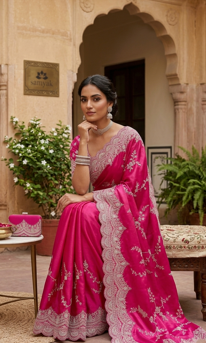 Luxury Satin Silk Saree with Intricate Embroidery & Designer Border