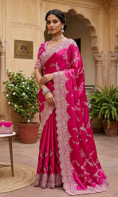Luxury Satin Silk Saree with Intricate Embroidery & Designer Border