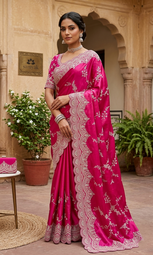 Luxury Satin Silk Saree with Intricate Embroidery & Designer Border