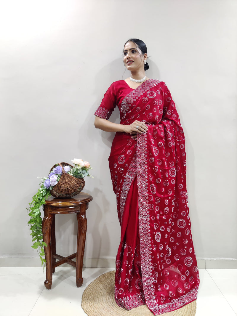 Pinkish Red Chiffon Satin Ready Made Saree