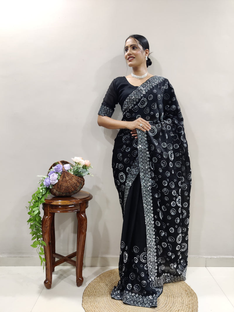 Black Chiffon Satin Ready Made Saree