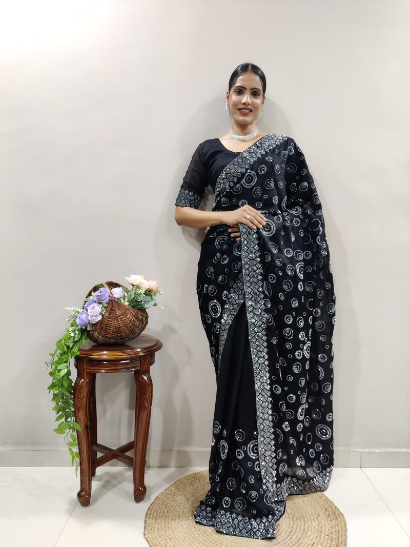 Black Chiffon Satin Ready Made Saree