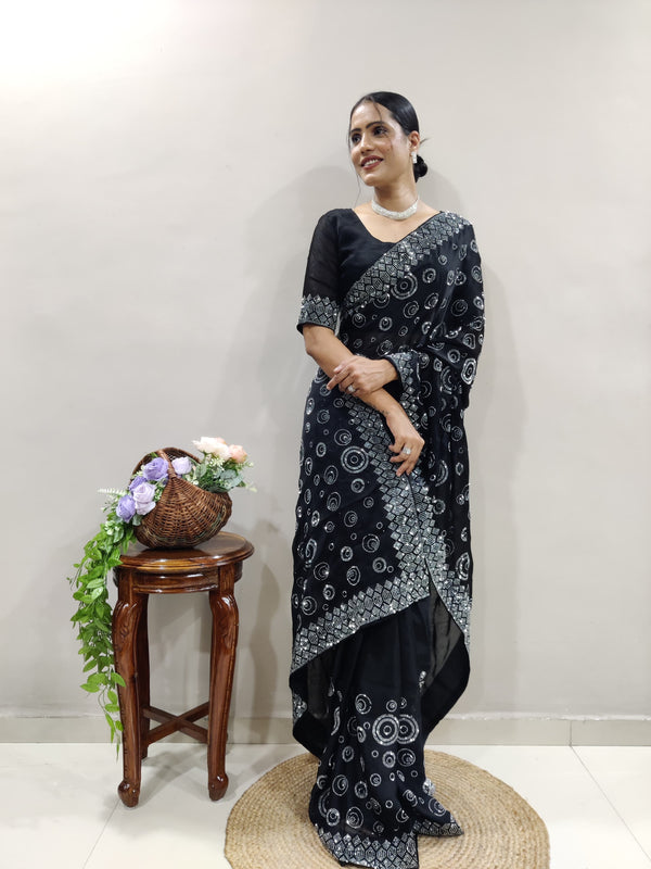 Black Chiffon Satin Ready Made Saree