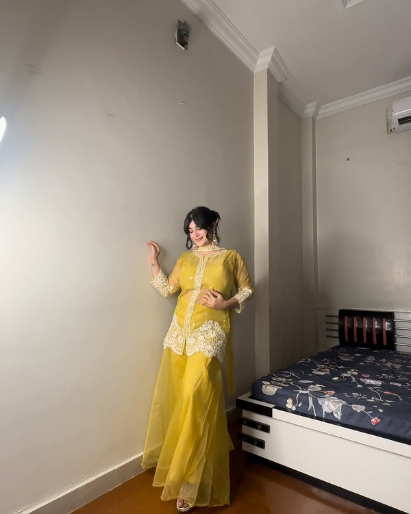 Yellow Organza Cotton Set – Stylish Siq Work Plazo & Dupatta