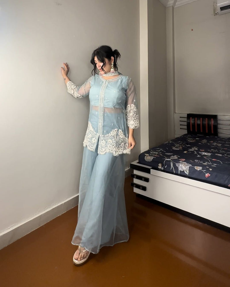 Sky-Blue Organza Cotton Set – Stylish Siq Work Plazo & Dupatta