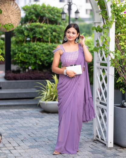 "Glam Up in Style: Stunning Faux Georgette Ready-to-Wear Saree with Ruffles & Patchwork Blouse"