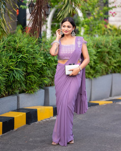 "Glam Up in Style: Stunning Faux Georgette Ready-to-Wear Saree with Ruffles & Patchwork Blouse"