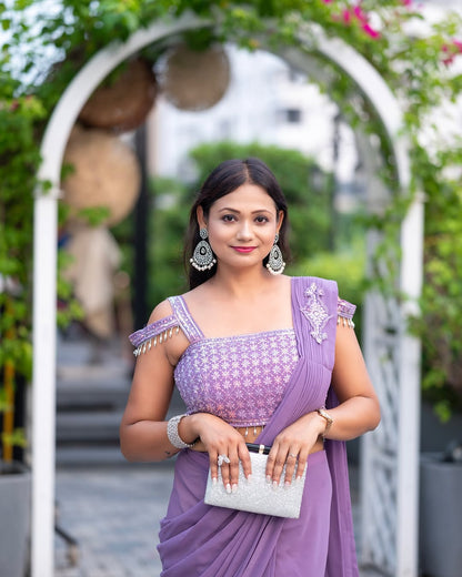 "Glam Up in Style: Stunning Faux Georgette Ready-to-Wear Saree with Ruffles & Patchwork Blouse"