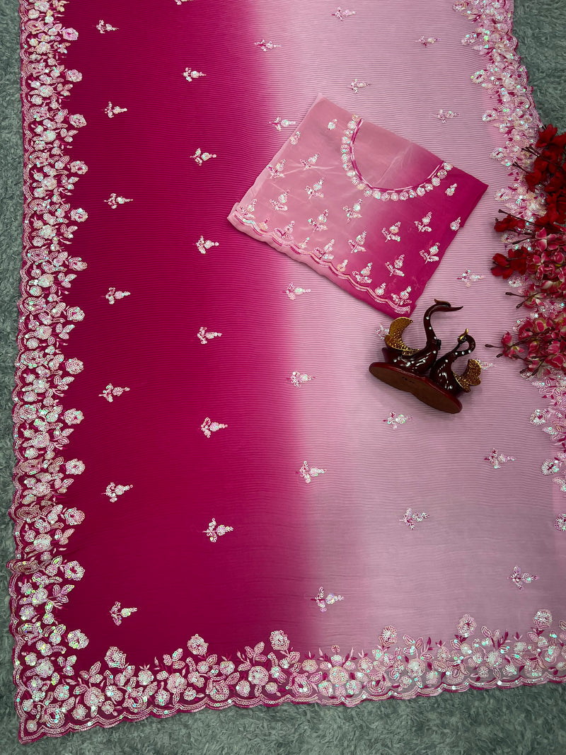 Crushy 3D Designer Pink and Majenta with Sequence work Saree