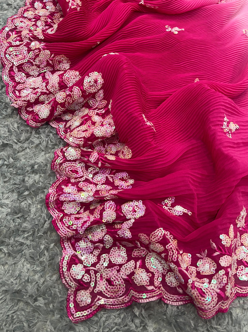 Crushy 3D Designer Pink and Majenta with Sequence work Saree