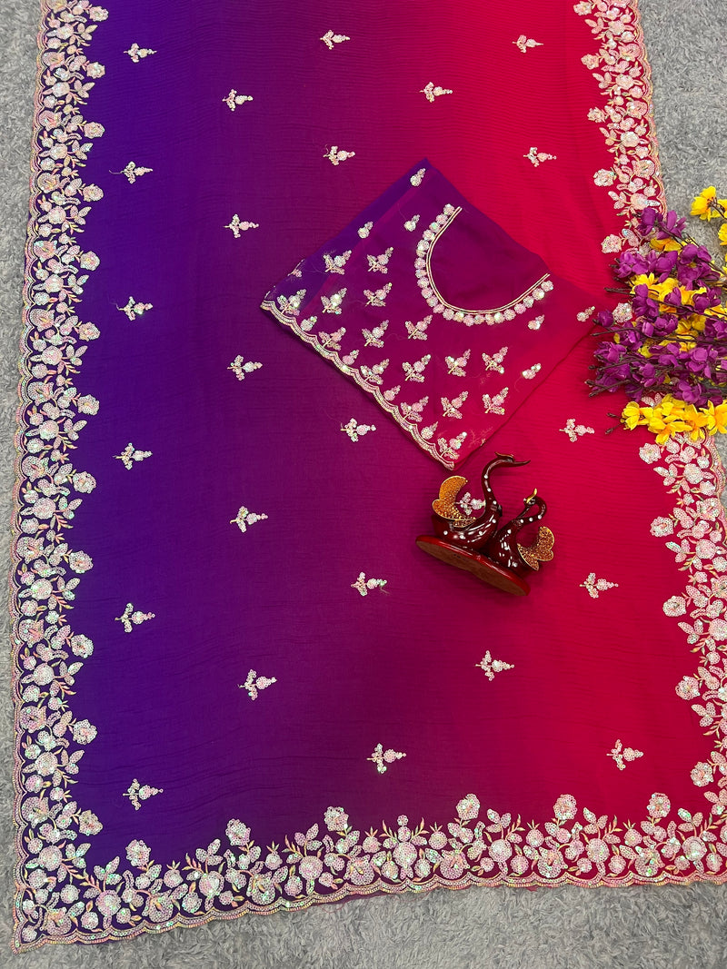 Crushy 3D Designer Pink & Purple Sequins Embroidered Saree