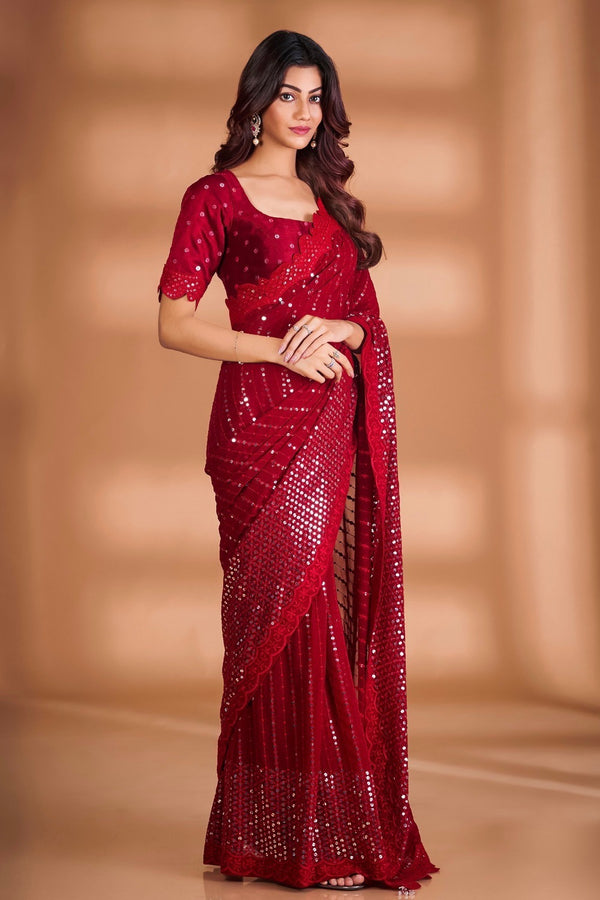 Red Georgette Embroidery Sequins Saree Women Party Wear Sari