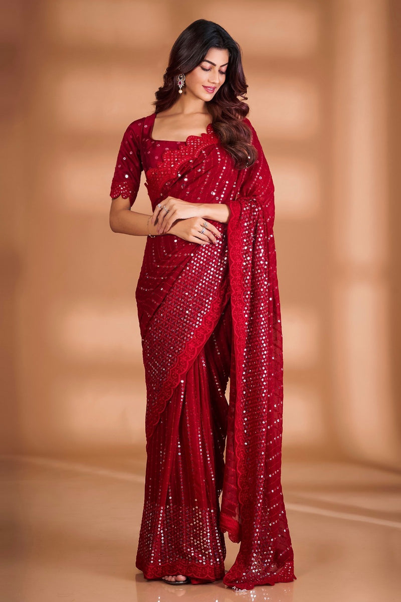 Red Georgette Embroidery Sequins Saree Women Party Wear Sari