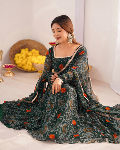 New Designer Bandhej Gown Set – Pure Soft Chiffon Anarkali with Dupatta and Pant