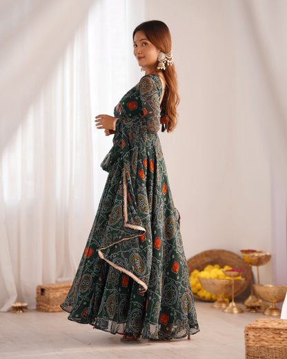 New Designer Bandhej Gown Set – Pure Soft Chiffon Anarkali with Dupatta and Pant