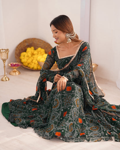New Designer Bandhej Gown Set – Pure Soft Chiffon Anarkali with Dupatta and Pant